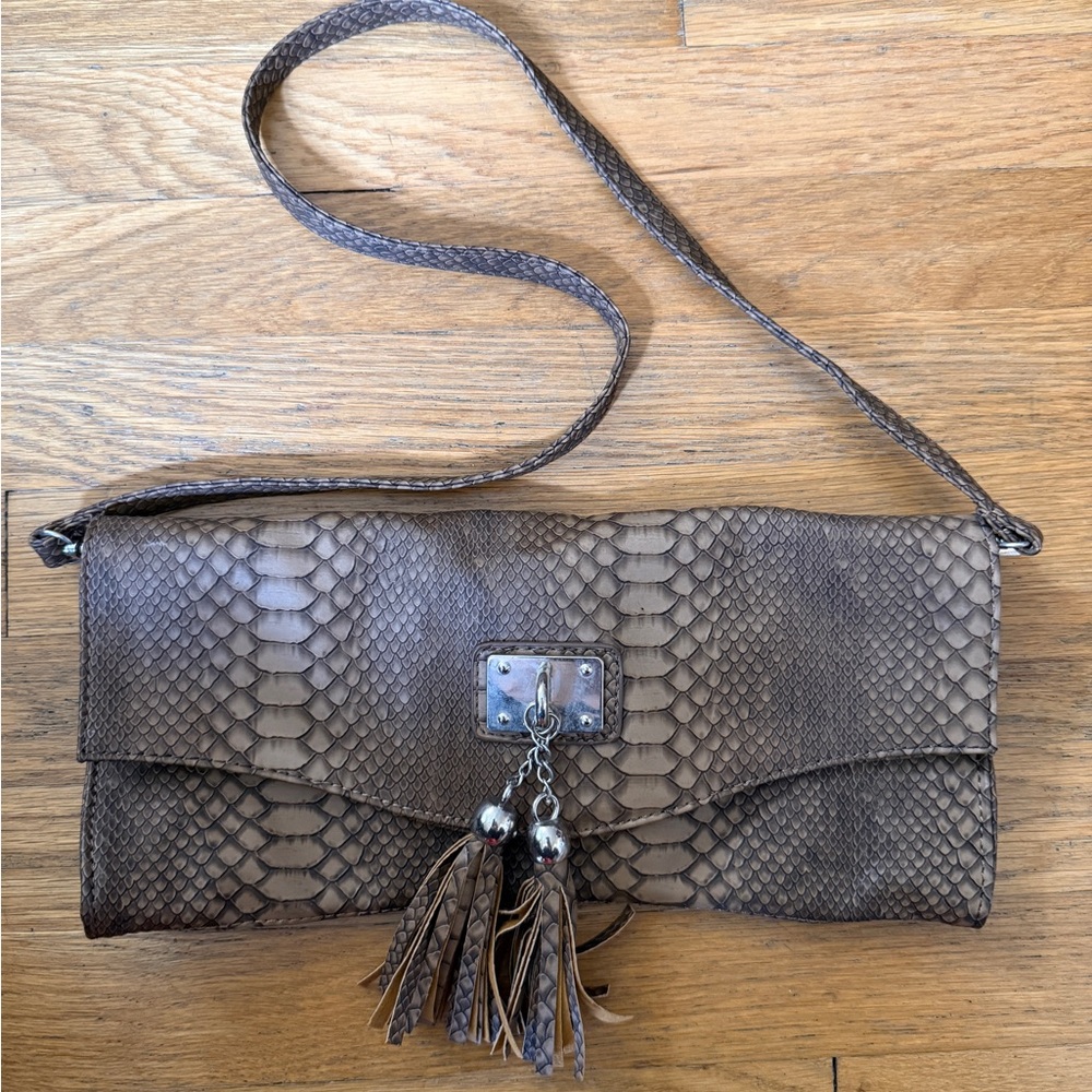 Snake-Embossed Leather Tassel Clutch in Brown